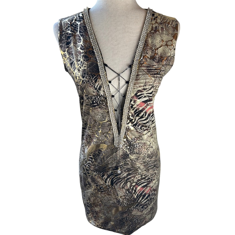 Vie Sauvage AnimalPrint Metallic Gold Dress MEDIUM w/Premium Swarovski Chrystals